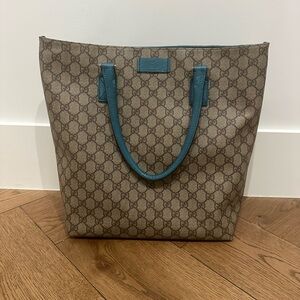 Gucci GG Supreme Flat Vertical Tote  with Teal Blue Leather trim and accents